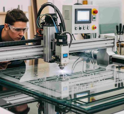 operario con una CNC láser cortando vidrio